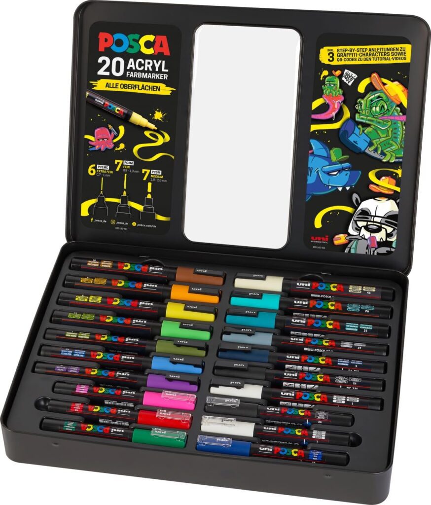 Juego de rotuladores POSCA, estuche de 20, incl. instrucciones para 3 caracteres de graffiti