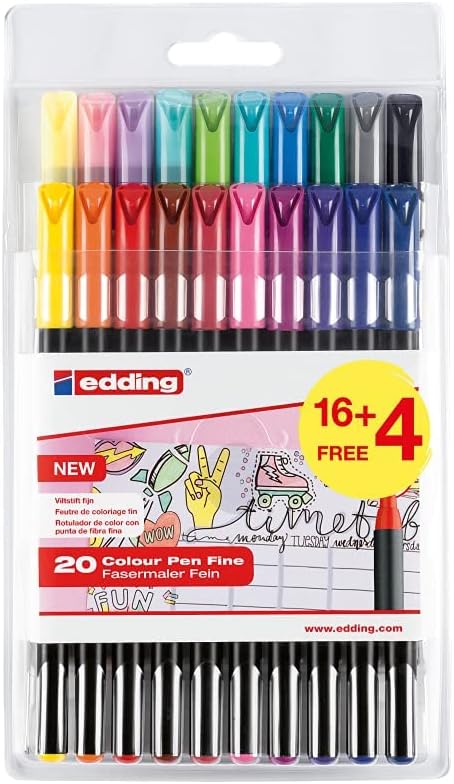 edding 1200 rotulador de color de trazo fino - multicolor - 16 bolígrafos + 4 de regalo - punta redonda 1 mm - rotulador para dibujar y escribir - set de vuelta al cole
