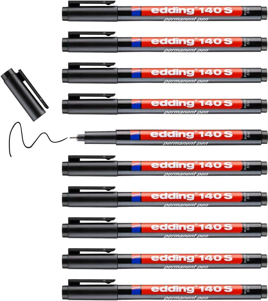 edding 140 S rotulador permanente - 10 rotuladores - negro - punta redonda de 0,3 mm -bolígrafo para escribir sobre cristal, plástico,láminas y superficies lisas - secado rápido, no mancha,impermeable
