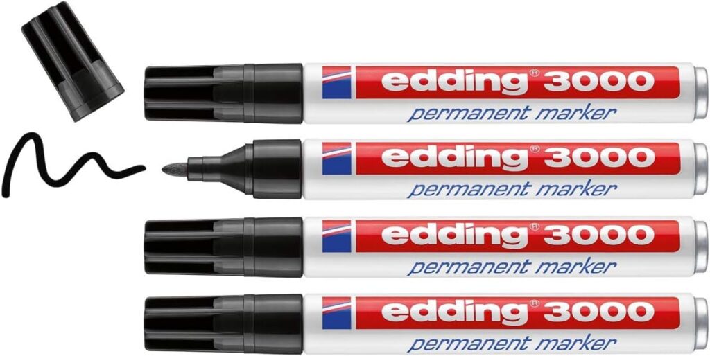 edding 3000 marcador permanente - negro - 4 rotuladores - punta redonda 1,5-3 mm - indeleble de secado rápido - resistente al agua y a los borrones - cartón, plástico, madera, metal, tela - universal
