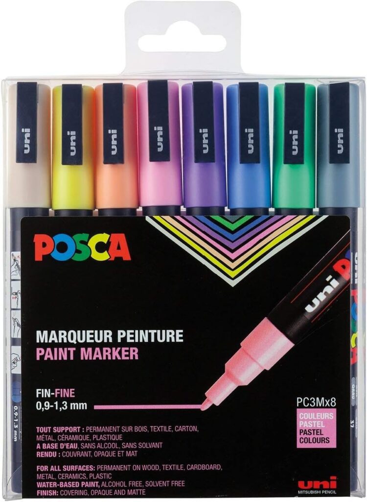 POSCA Mitsubishi Pencil PC3M – 8 rotuladores – Punta cónica fina – pintura a base de agua – para cualquier soporte – Para papel, textil, vidrio, guijarro, madera – Colores pastel